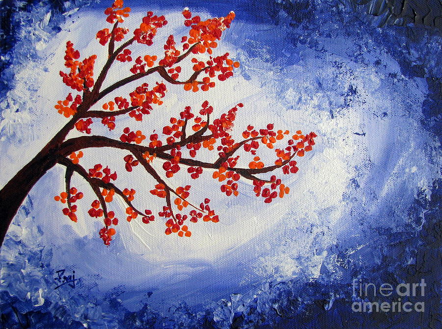 Flower Painting - Orange flowers with Blue sky Acrylic painting by Prajakta P