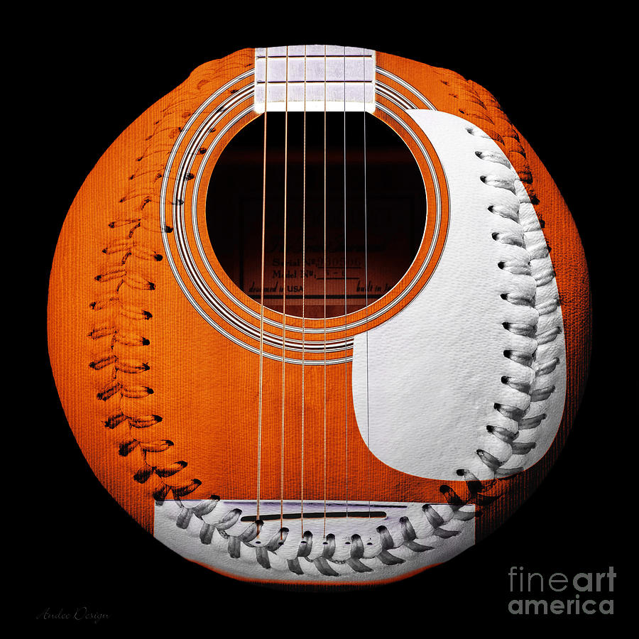 Orange Guitar Baseball White Laces Square Digital Art by Andee Design