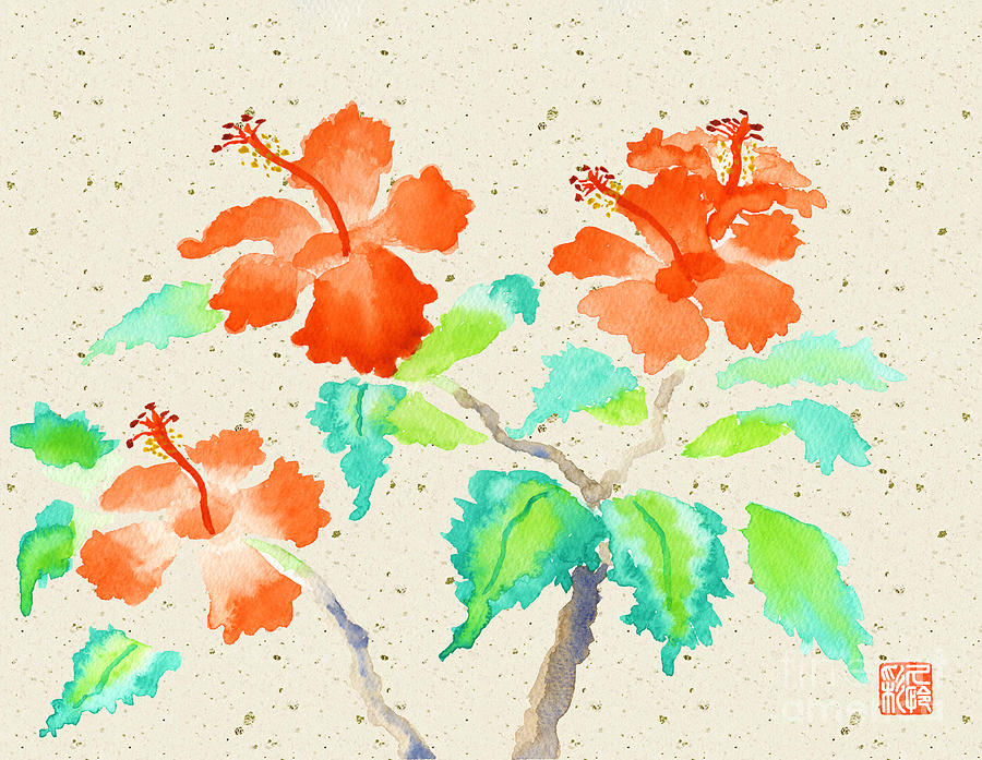 Orange Hibiscus Watercolor Painting with Beige Washi Background Painting by Beverly Claire Kaiya