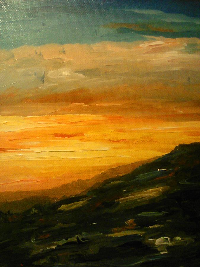 Orange landscape with a sunset Painting by Ray Khalife