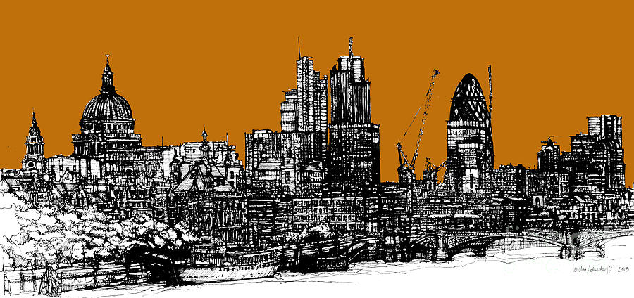Dark Ink With Bright Orange London Skies Drawing