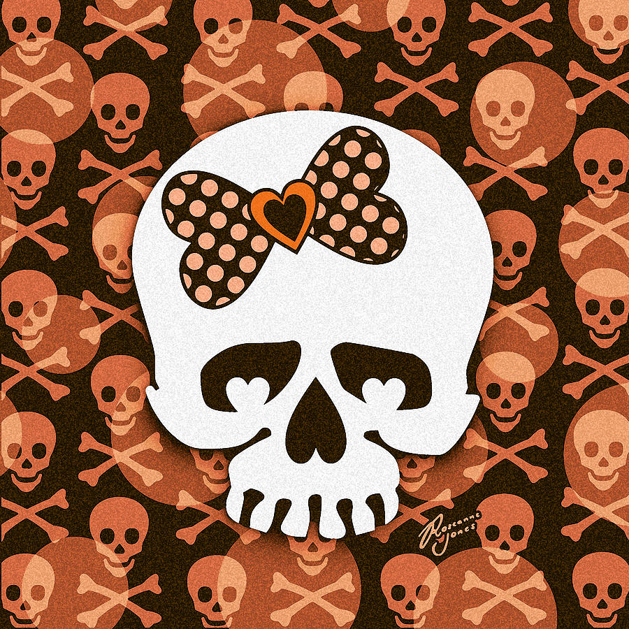Orange Polka Dot Bow Skull Digital Art by Roseanne Jones