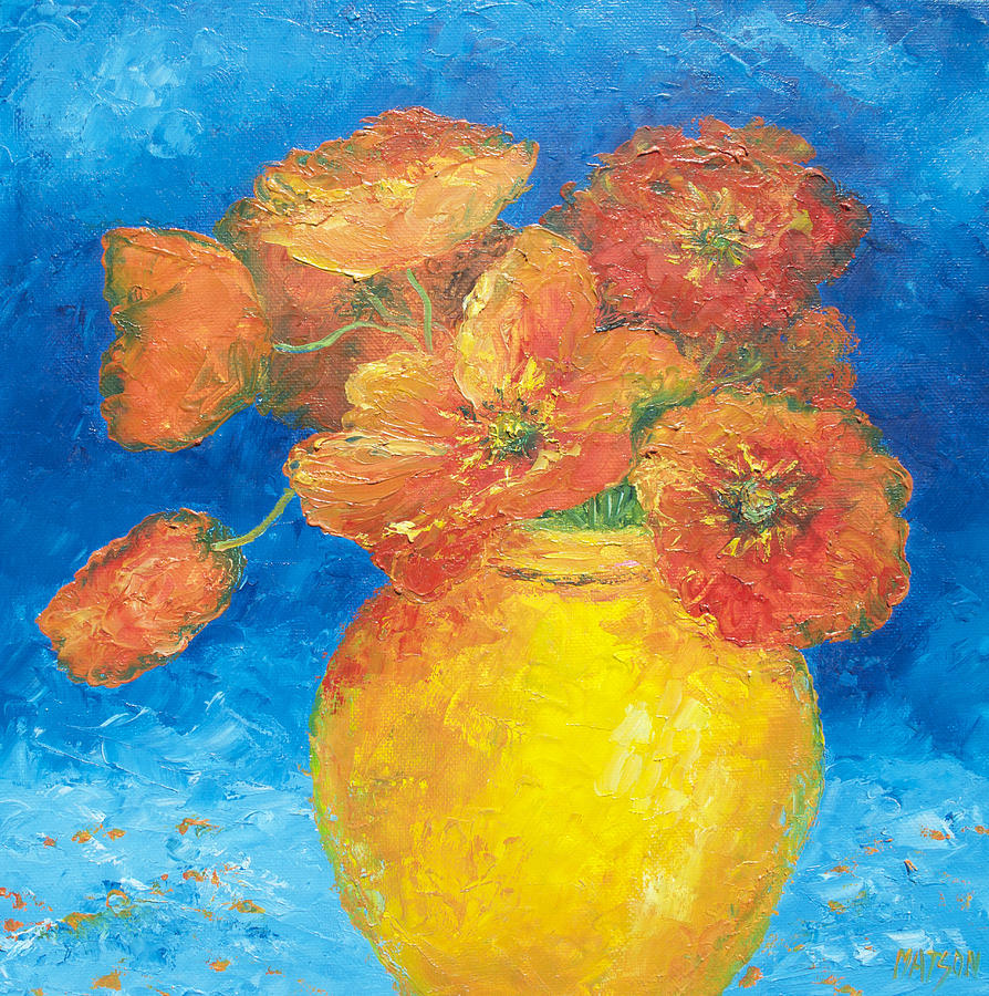 Orange Poppies in yellow vase Painting by Jan Matson