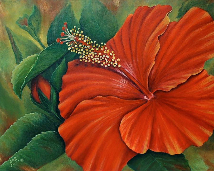 Orange-red Hibiscus Painting by Barbara Ann Robertson