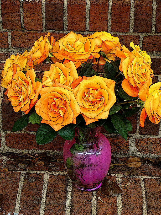 Orange Roses on Brick Steps Photograph by Rodney Lee Williams