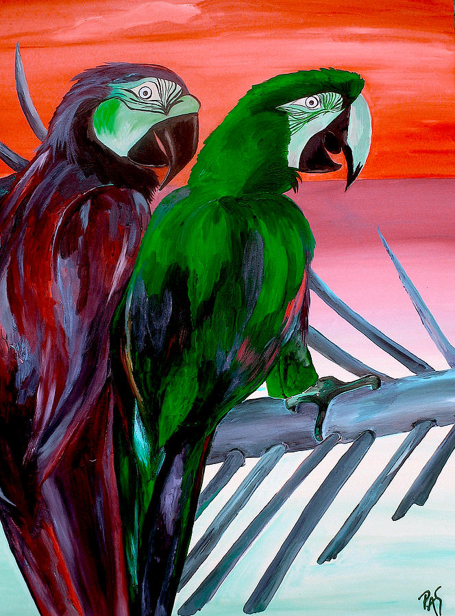 Orange Sunset Parrots Painting by Patti Schermerhorn