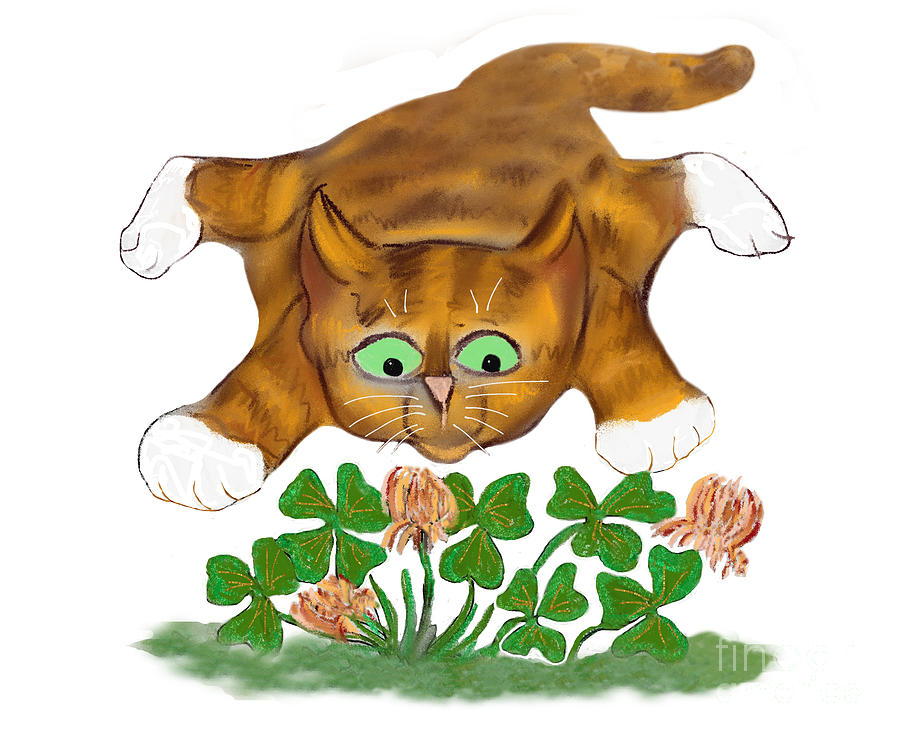 Spring Digital Art - Orange Tiger Kitten Pounces on a Four Leaf Clover by Ellen Miffitt