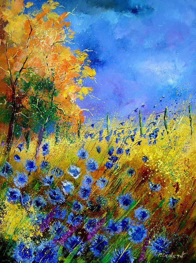 Flower Painting - Orange tree and blue cornflowers by Pol Ledent