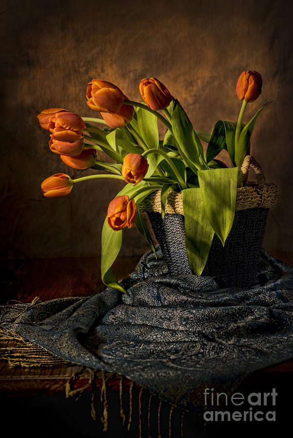 Orange Tulips in Blue Basket Photograph by Leah McDaniel