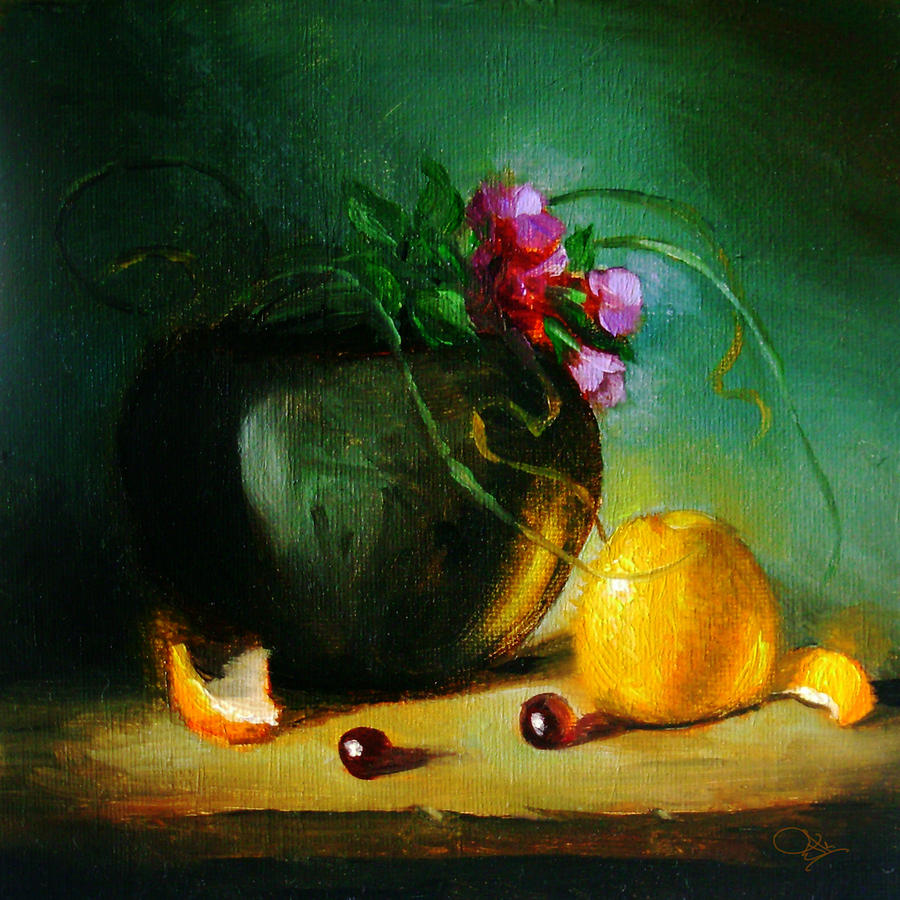 Still Life Painting - Orange With Pink Flowers by Jk 