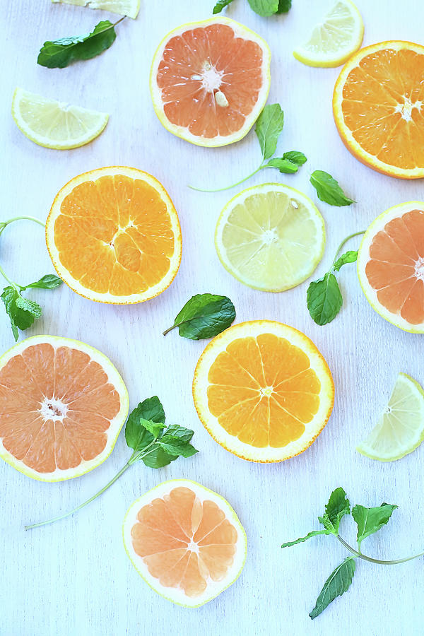 Orange,grapefruit,lemon&mint Leaf Photograph by Kyoko Hasegawa Photography