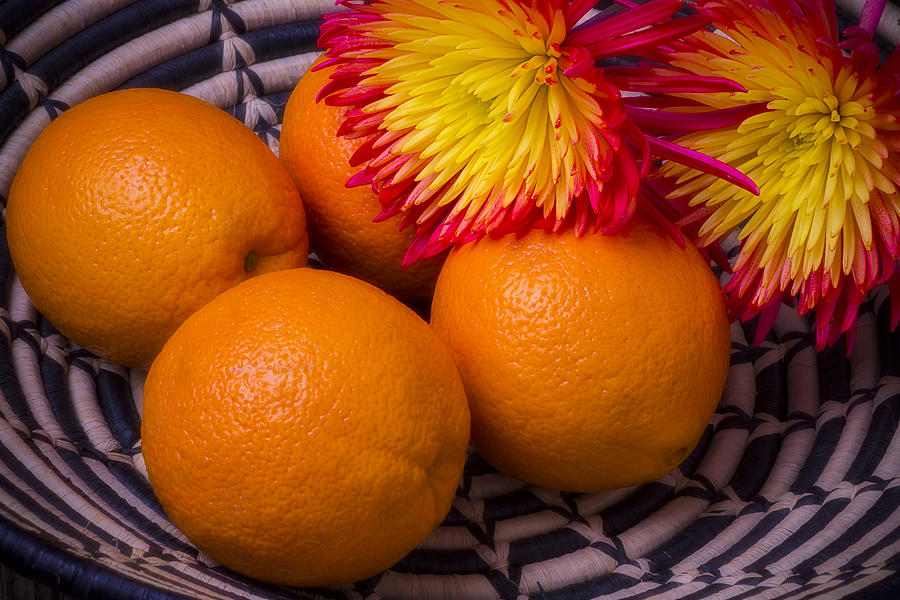 Fruit Photograph - Oranges and Spider Mums by Garry Gay