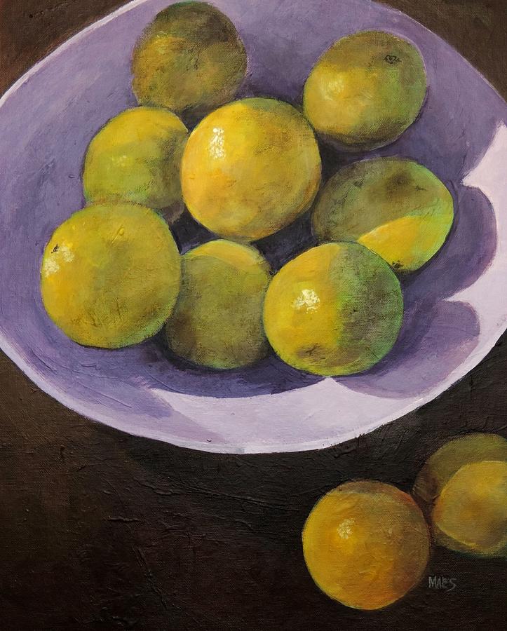 Oranges In Violet Bowl Painting by Walt Maes