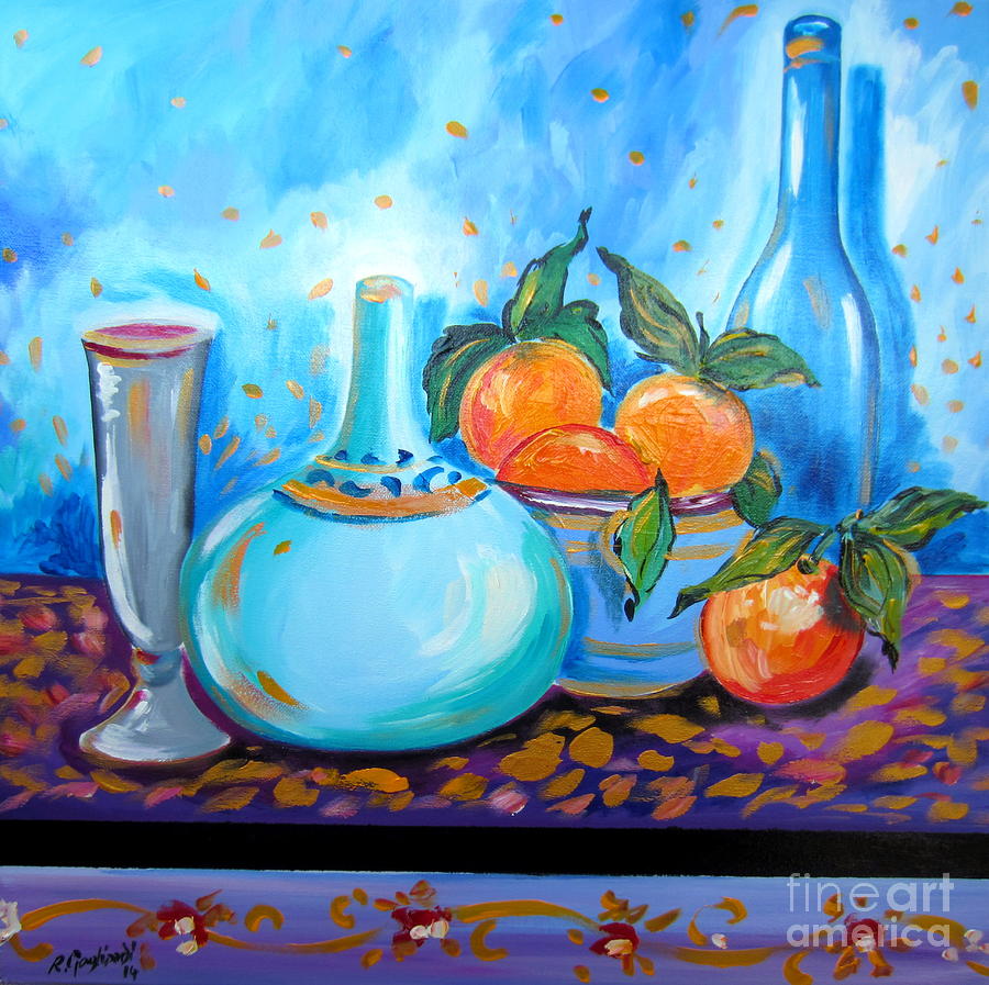 Oranges Still Life with bottles Painting by Roberto Gagliardi