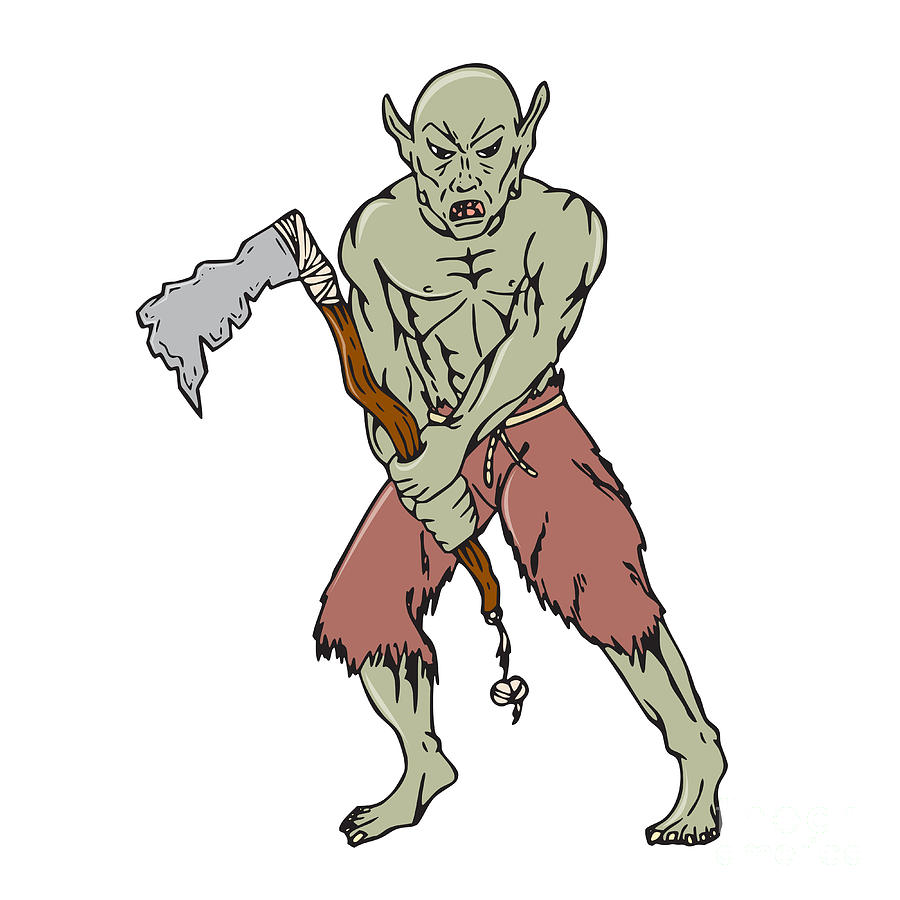 Fantasy Digital Art - Orc Warrior Wielding Tomahawk Cartoon by Aloysius Patrimonio