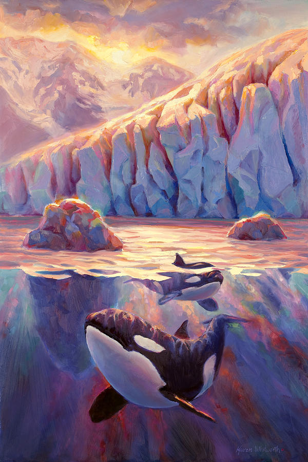 Whale Painting - Orca Sunrise at the Glacier by K Whitworth