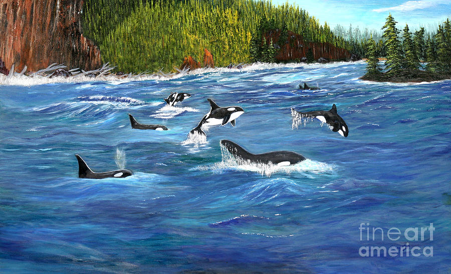 Orcas Painting by Myrna Walsh