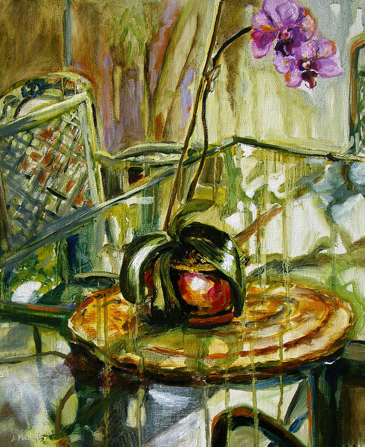 Orchid on a glass table Painting by Julianne Felton