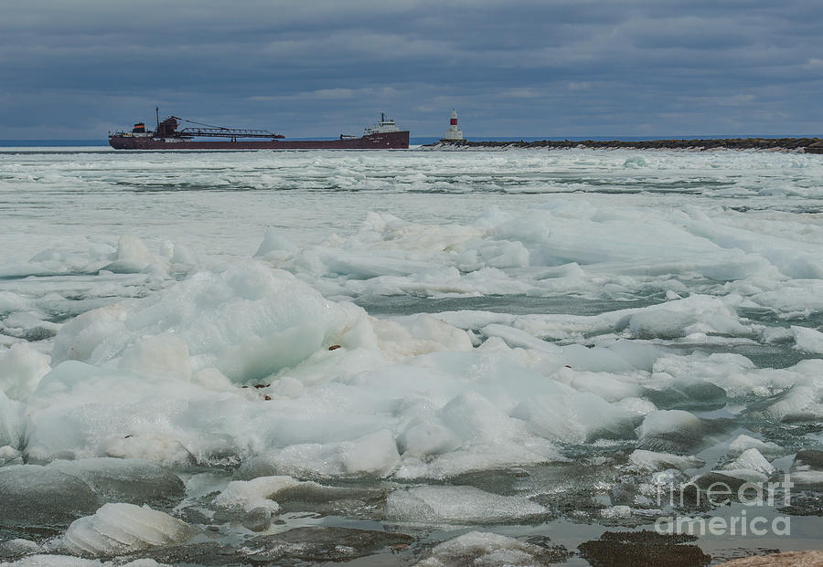 Ore Freighter and Ice Floes Marquette Photograph by Deborah Smolinske