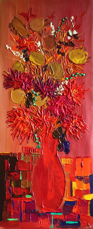 Oriental Bouquet Red Vase Dahlia Cactus Painting by Valerie Catoire