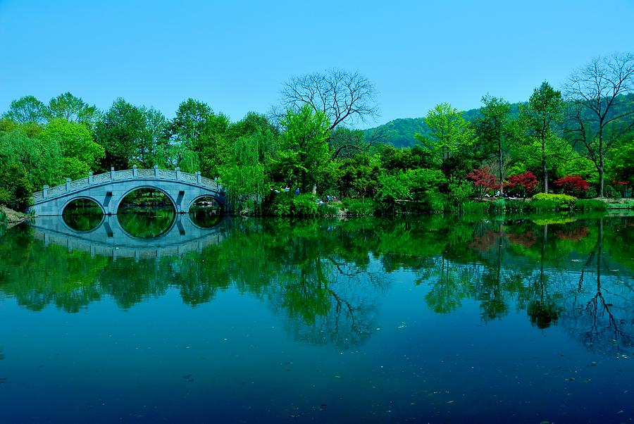 Tree Photograph - Oriental Bridge Over West Lake by Larry Moloney