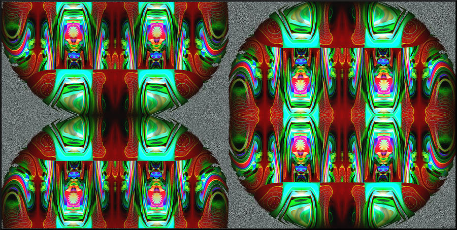 Oriental Green and Red Circular Abstract Digital Art by Gillian Owen