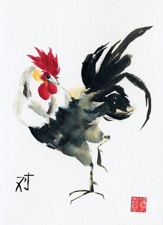 Oriental Rooster Painting by Sandy Linden