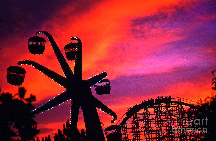 Sunset Photograph - Original Astro World Vintage Roller Coaster-Ferris Wheel by Howard Koby