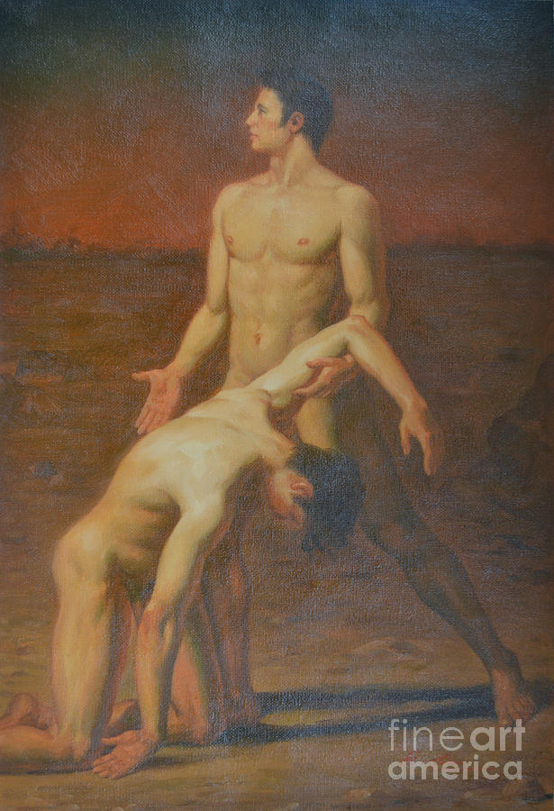 Original Classic Oil Painting Body Art - Two Male Nude-  034 Painting by Hongtao Huang