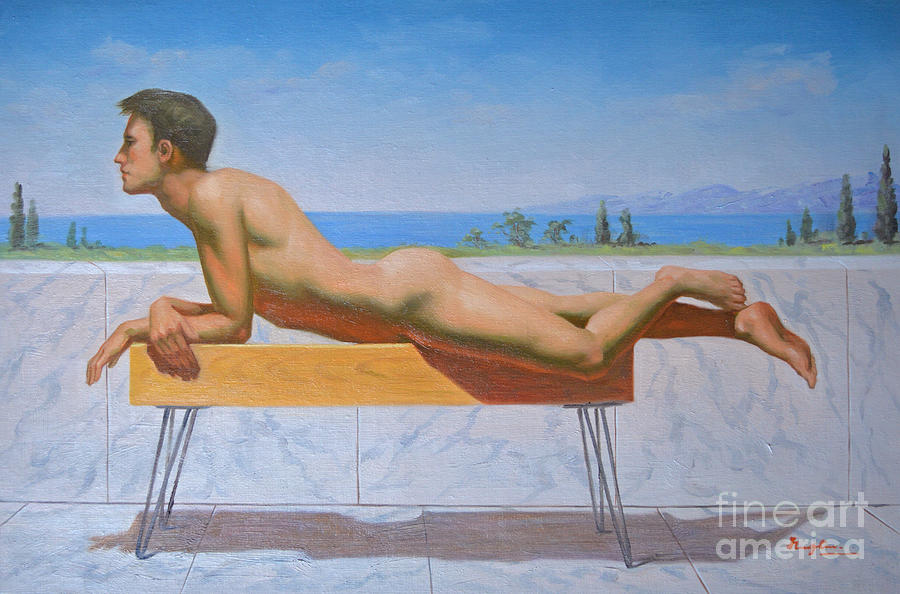 Original Classic Oil Painting Body Man Art - Male Nude- 035 Painting by Hongtao Huang
