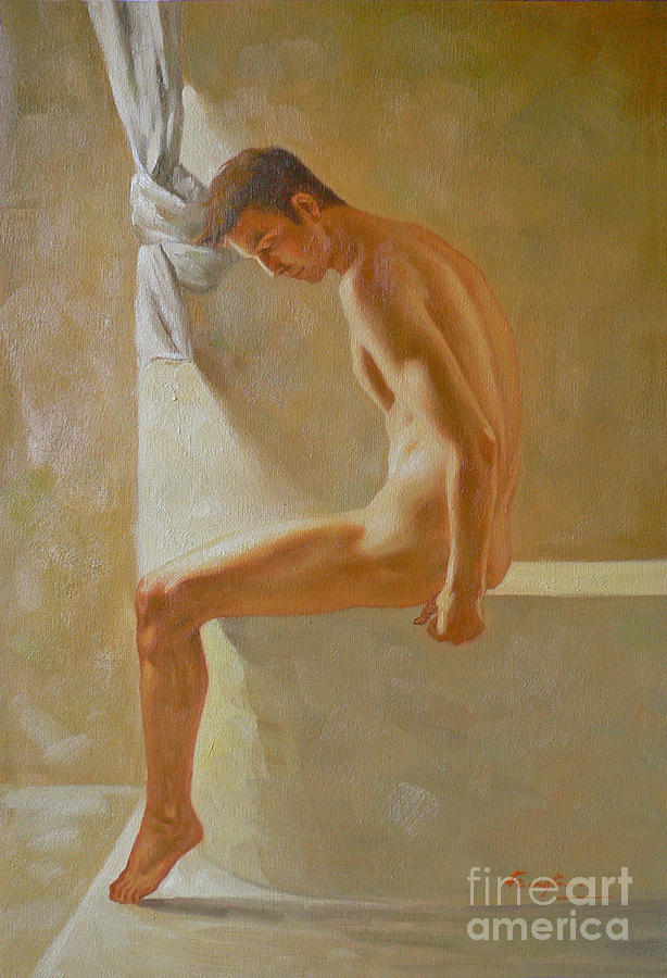 Original Classic Oil Painting Body Man Art- Male Nude In The Bathroom#16-2-3-01 Painting by Hongtao Huang