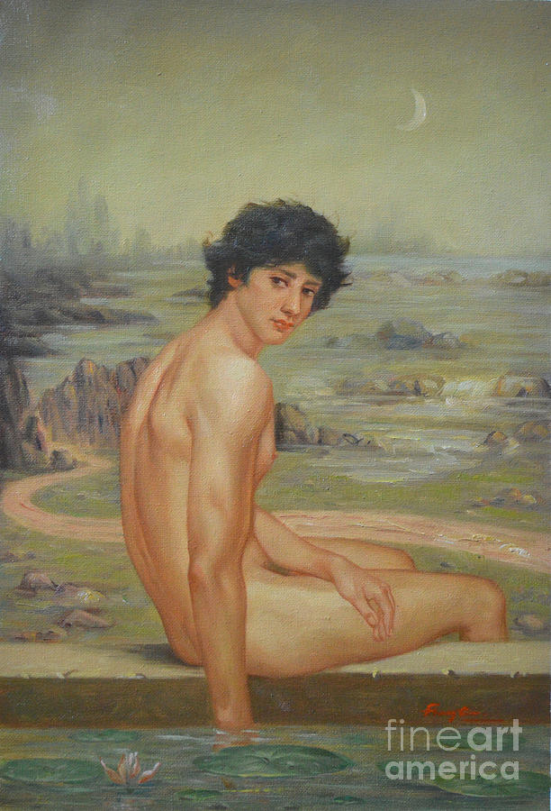 Original Classic Oil Painting Boy Body Art Male Nude Lotus #16-2-4-01 Painting by Hongtao Huang