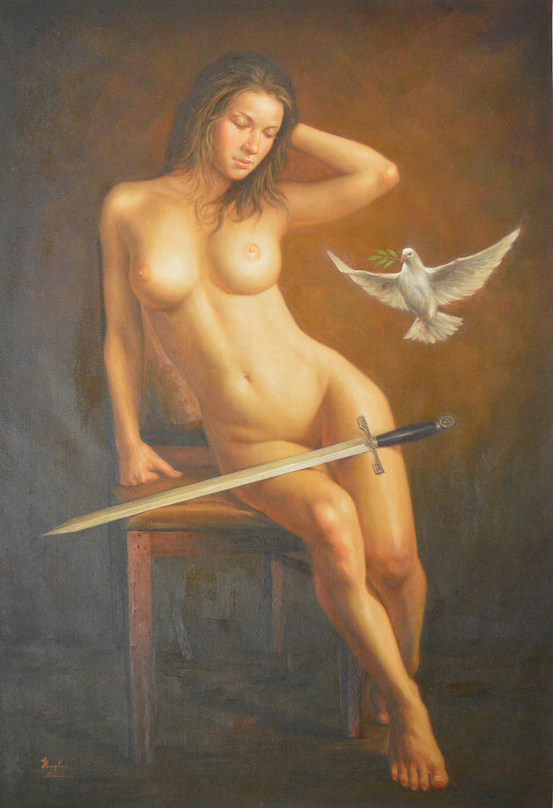 Original Classic Oil Painting Female  Body Art -nude Girl And Sword Painting by Hongtao Huang