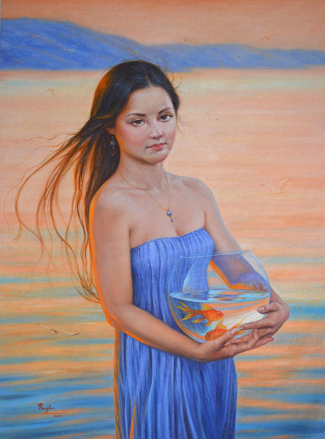 Original Classic Oil Painting Girl Art- Chinese Beautiful Girl And Goldfish Painting by Hongtao Huang