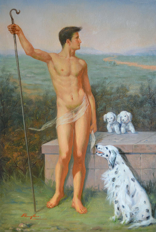 Original classic oil painting man body art-male nude and dogs #16-2-4-11 Painting by Hongtao Huang