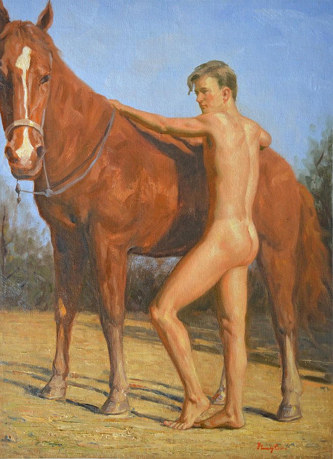 Original classic oil painting man body art-male nude and horse -039 Painting by Hongtao Huang