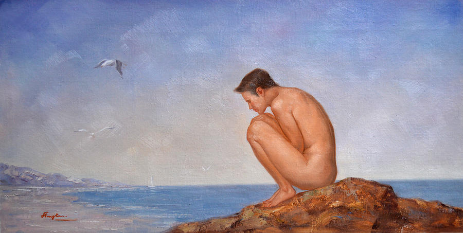Original classic oil painting man body art-male nude and sea gull #16-2-4-06 Painting by Hongtao Huang