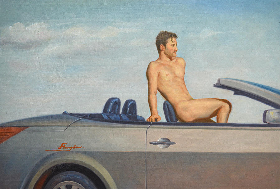 Original classic oil painting man body art-male nude in the car#16-2-4-10 Painting by Hongtao Huang