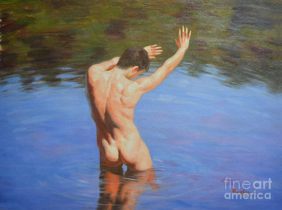 Original classic oil painting man body art-male nude standing in the pool #16-2-4-05 Painting by Hongtao Huang