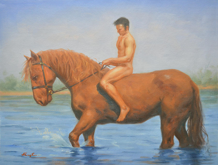 Original Classic Oil Painting Man Body Art Male Nudeand Horse #16-2-5-45 Painting by Hongtao Huang