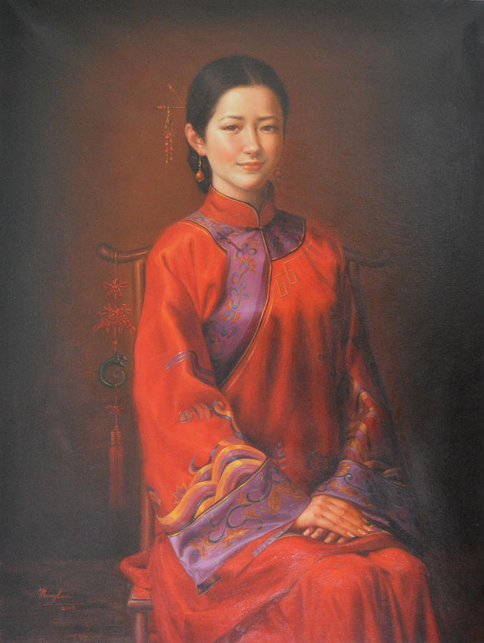 Original Classic Portrait Oil Painting Woman Art - Beautiful Chinese Bride Girl Painting by Hongtao Huang