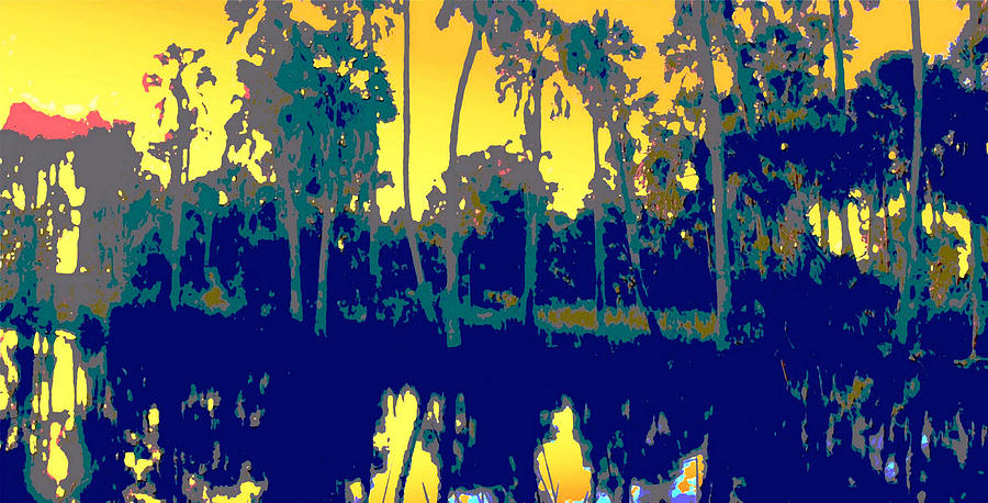 Original Digital Fine Art Palms Reflections Sunset Painting by G Linsenmayer