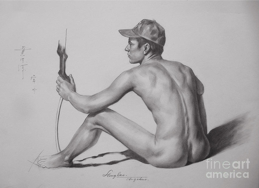 Original Drawing Sketch Charcoal Chalk  Gay Man Portrait Of Cowboy Art Pencil On Paper -0023 Painting by Hongtao Huang