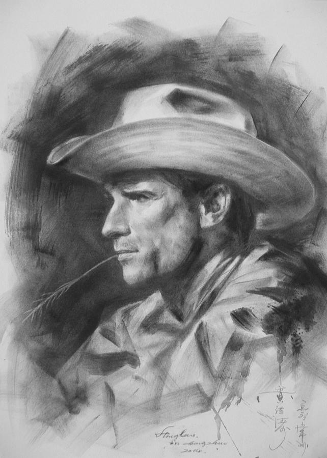 Original Drawing Sketch Charcoal Chalk  Gay Man Portrait Of Cowboy Art Pencil On Paper By Hongtao  Drawing by Hongtao Huang