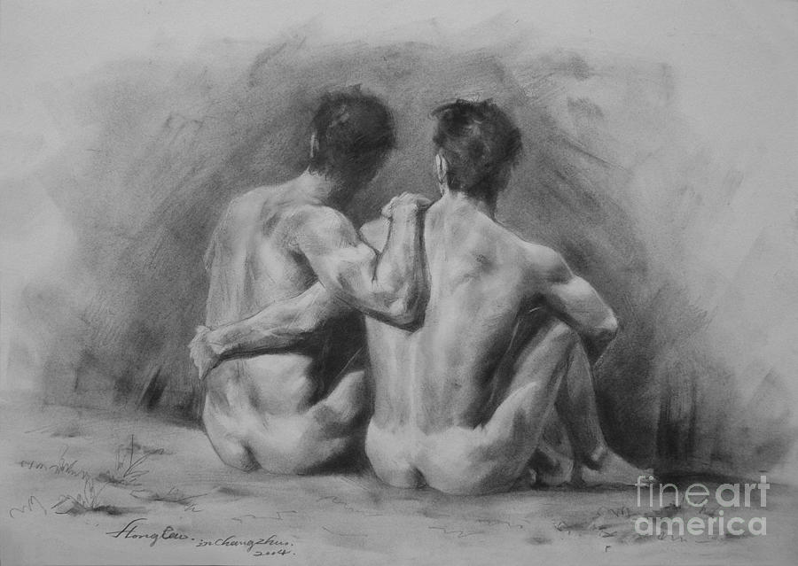 Original Drawing Sketch Charcoal Chalk Male Nude Gay Man Art Pencil On Paper By Hongtao Painting