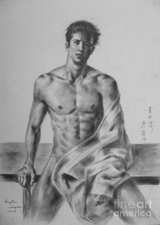 Original Drawing Sketch Charcoal Chalk Male Nude Gay Man Art Sitting Pencil On Paper By Hongtao Painting by Hongtao Huang