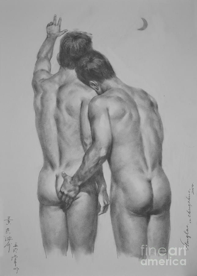 Chinese Artist Painting - Original Drawing Sketch Charcoal Chalk Male Nude Gay Man Moon Art Pencil On Paper By Hongtao by Hongtao Huang