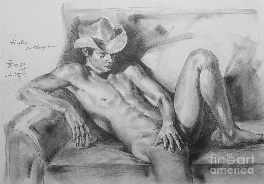 Original Drawing Sketch Charcoal Chalk Male Nude Gay Man On Sofa Art Pencil On Paper By Hongtao Painting by Hongtao Huang