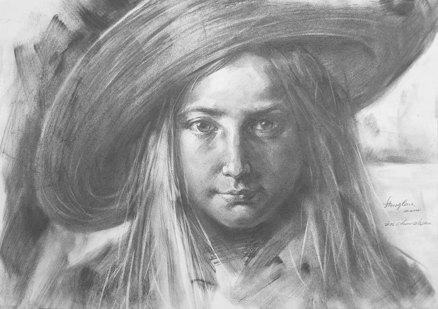Original Drawing Sketch Charcoal Chalk Portrait Of Cute Girl Art Pencil On Paper By Hongtao Drawing by Hongtao Huang