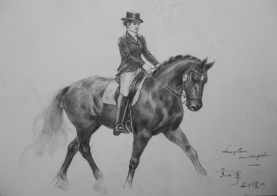Original Drawing Sketch Lady Noblewomen And Horse Art Pencil On Paper By Hongtao Painting by Hongtao Huang